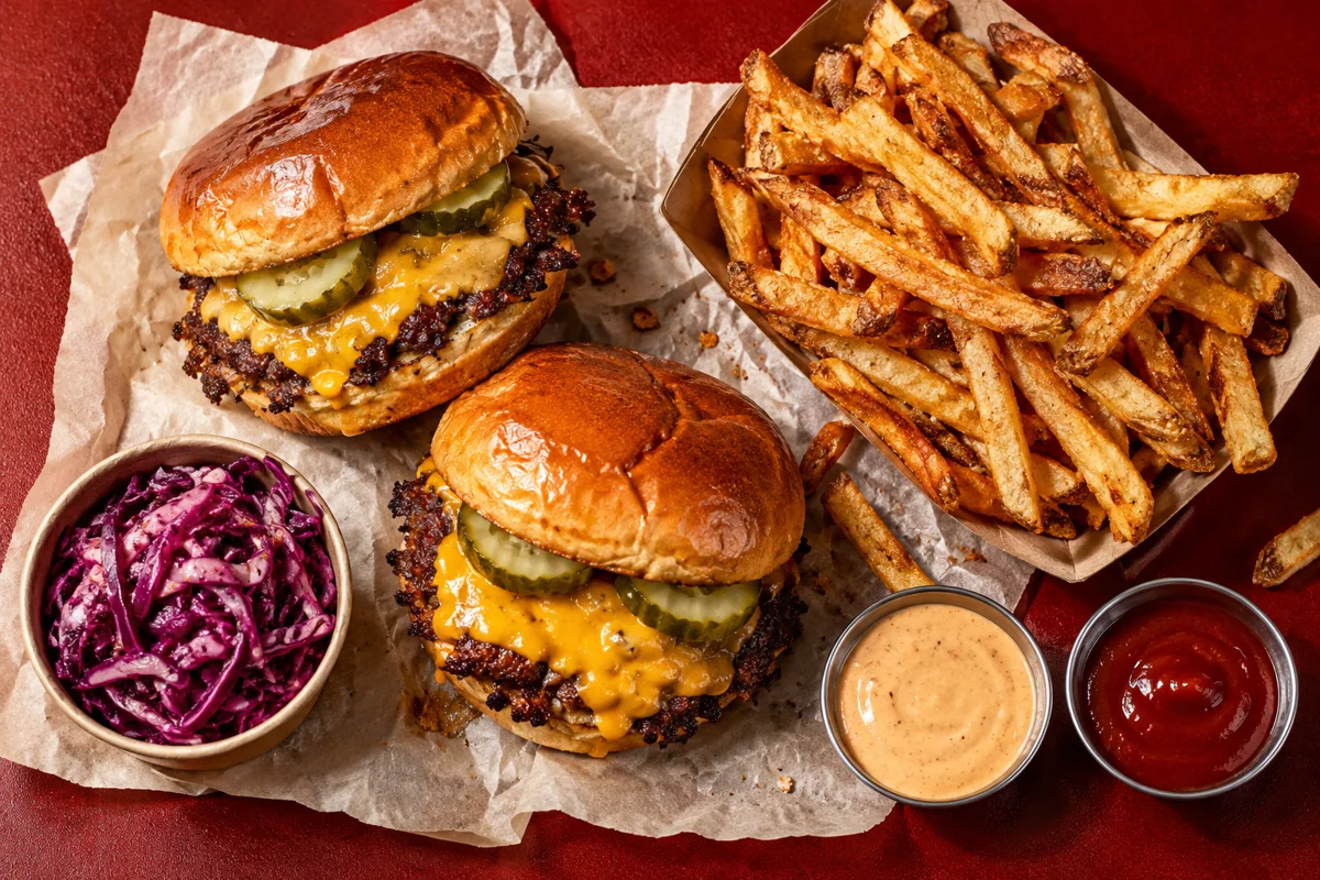Menu pour deux avec burgers, frites et sauces