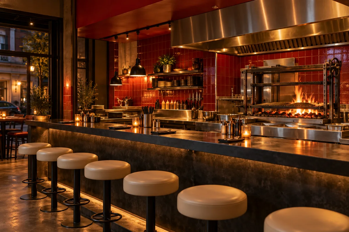 Comptoir street food fictif rouge, crème et acier