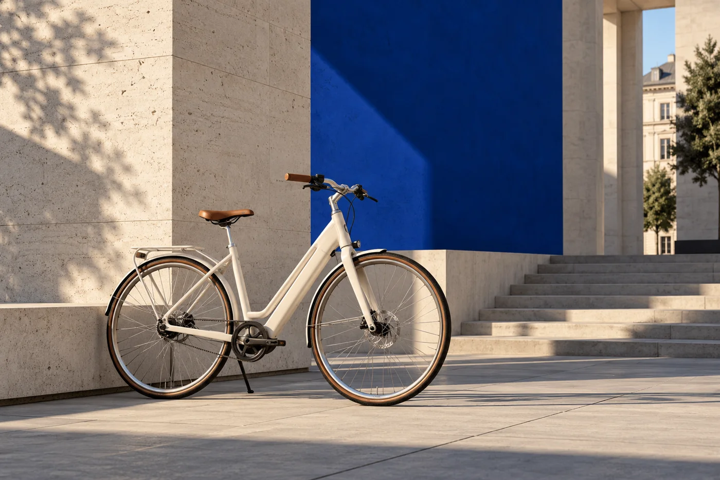 Vélo urbain crème dans un décor architectural bleu et minéral